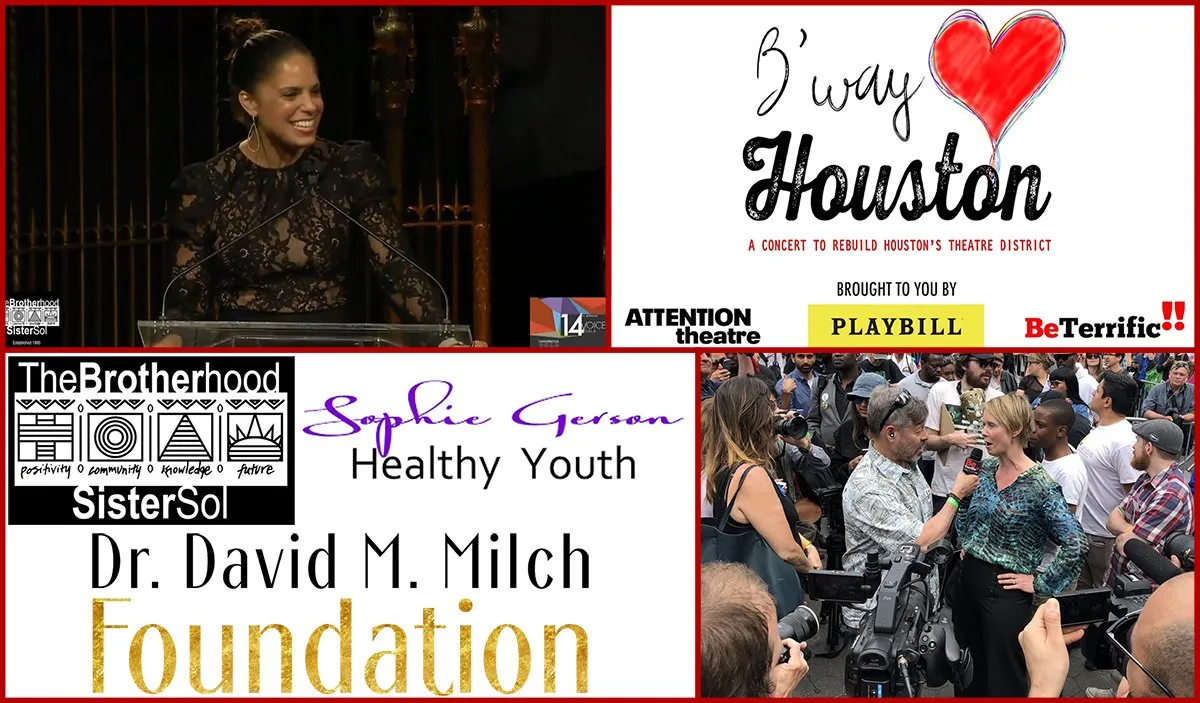 A collage of GivingTV events and partners: a speaker at the Brotherhood/Sister Sol Voices Gala, the Broadway Loves Houston concert logo, logos for The Brotherhood/Sister Sol, Sophie Gerson Healthy Youth and the Dr. David M. Milch Foundation, and a street interview surrounded by press cameras.